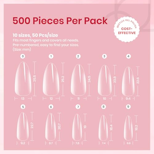 Beetles Medium Almond Clear Gel Nail Tips - 500 Pcs, 10 Sizes, Natural-Looking Extensions