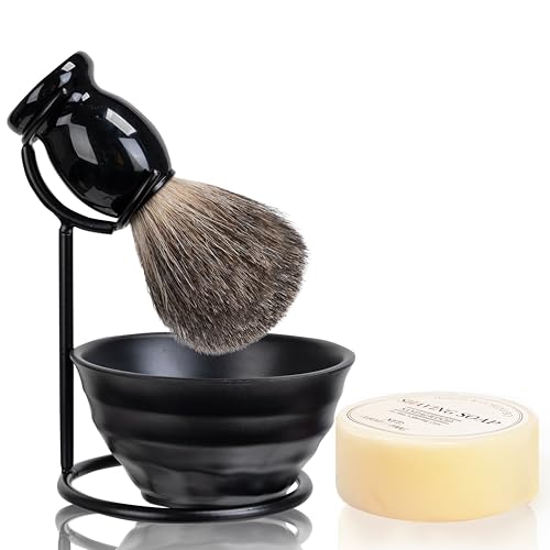 JEQUIL&CORENVEO Shaving Brush Set for Men, Pure Badger Hair Shaving Brush with Soap, Stand and Bowl