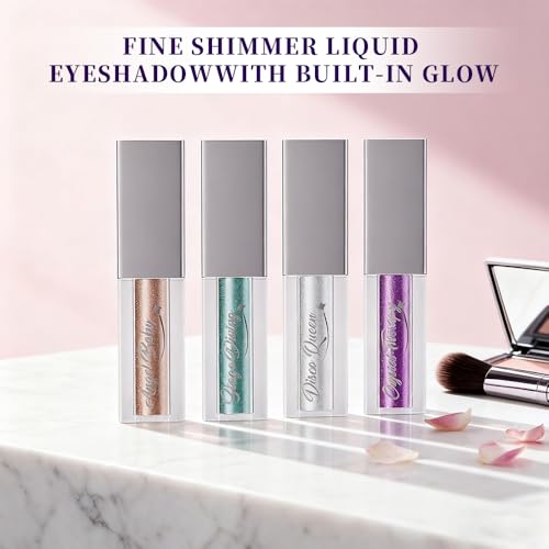 Glitter Liquid Eyeshadow Set, Metallic Shimmer Eye Makeup Eyeshadow with Smooth Gel Formula, Quick Drying & Pigmented, Long Lasting Flawless-Looking (Pack of 4)