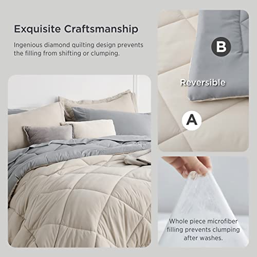 Bedsure Beige Twin Comforter Sets - 5 Pieces Reversible Twin Bedding Sets for College, Beige Extra Long Bed Set Twin with Comforters, Sheets, Pillowcase & Sham