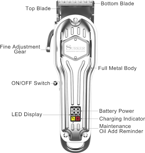 SURKER Silver Cordless Hair Clippers for Men, Rechargeable Professional Trimmer with LED Display