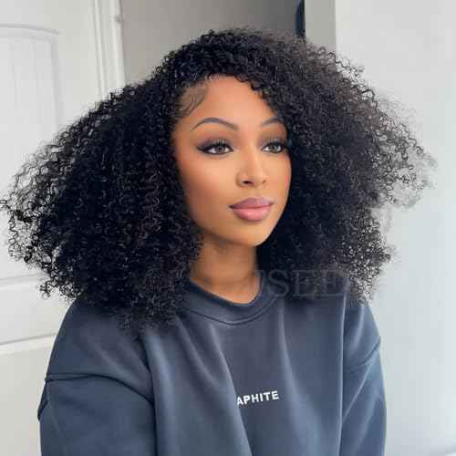 ISEE Half Wig Afro Curly 3 In 1 Half Wig Glueless Wigs Human Hair Seamless Kinky Curly Flip Over Beginner Friendly Wear & Go Drawstring Band Clip in Human Hair Black Color 20 Inch
