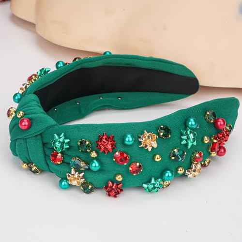 TULOBI Christmas Headband for Women Knotted Headband Xmas Red Green Pearls Rhinestone Crystal Jeweled Hairband with Embellished Crystals and Pearls Designs Holiday Outfits Gifts & Gifts (Green)