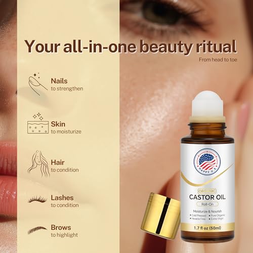 Organic Castor Oil Roll-On with Rose Quartz Roller Ball for Skin & Hair Care - 1.7 fl oz