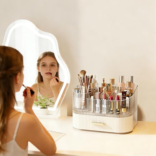 Makeup Organizer with 360¡Æ Rotating Brush Holder and Stackable Drawers, Cosmetic Display Case for Vanity, Bathroom Countertop (White, 2 Layer)