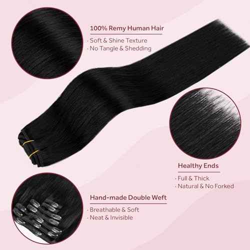 Clip in Hair Extensions Real Human Hair, Jet Black 100% Human Hair Extensions Clip in, Tangle-free Silky Straight Hair Extensions for Women, #1 16Inch 120G 7PCS