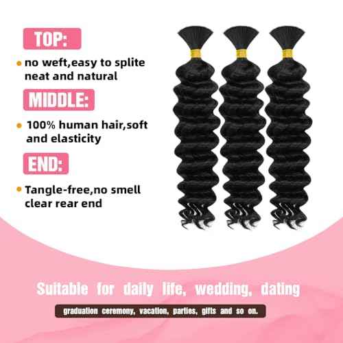 Human Braiding Hair, 3 Bundle 150g 16 Inch Boho Braids Human Hair 10A Deep Wave Bulk Brazilian Virgin No Weft Wavy Hair Extensions for Boho Bohemian Micro Braid Bulk for Braiding Natural Black