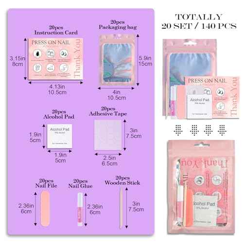 Disposable Nail Supplies Kits,Professional Manicure Press On Nail Tool Kit with Nail File,Adhesive Tabs,Nail Glue,Sticks, Prep Pads,Bags,Cards for Nail Business (140pcs20set-pink)