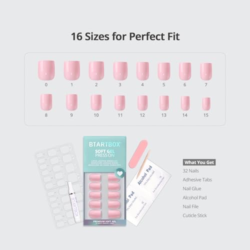 BTArtbox Press On Nails Short Square Pink Yellow 32Ct