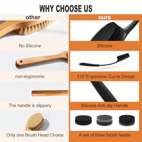 Long Handle Shower Back Scrubber,15.75 Inch Ergonomic Curved Brush with 3 Replaceable Heads with Soft and Firm Bristles,Silicone Handle for Easy Back Cleaning and Exfoliation,Bath Body Brush,Black