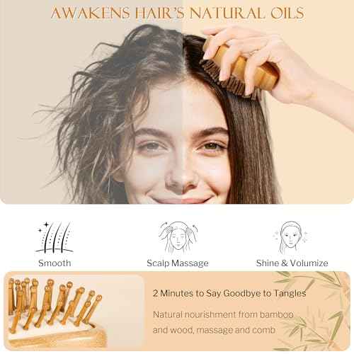 Bamboo Hair Brush for Hair Growth, Natural Bamboo Bristles Detangling Brush for Massaging Scalp, Small Wooden Hair Brush for Women Men and Kids (No Handle)