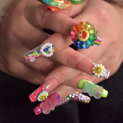 Flower Press on Nails Handmade with Full Covered Crystals Reusable Full Cover Long Coffin Stick On Nails, Size Medium