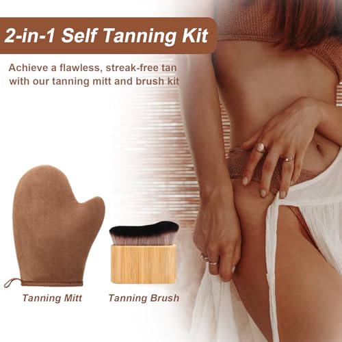 2 in 1 Streak-Free Natural Tanning Mitt, Leakproof-lined Self Tanner Mitt, Reusable Self Tanning Mitt and Brush, Self Tanner Brush for Self Tan Mit for Apply Tanning Lotion, Mousse, Sunscreen