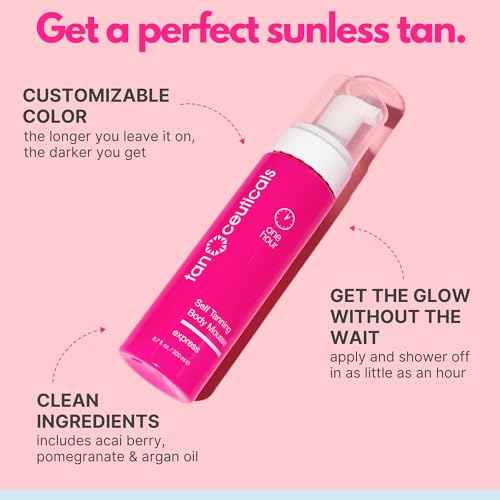 Tanceuticals Express Self Tanning Body Mousse - Fast Acting Self Tan Foam - Develops in 1-4 Hours, Natural Looking, Vegan & Cruelty Free - Sunless Tanner with Acai Berry, Pomegranate & Argan Oil