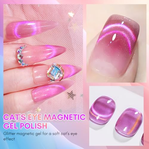 Makartt Holographic Cat Eye Gel Nail Polish with Magnet Stick 9D Glitter Nail Gel Soak Off Double Flashes Effect Dopamine Gel Nail Polish Manicure Home DIY Gift(Violet Garden)