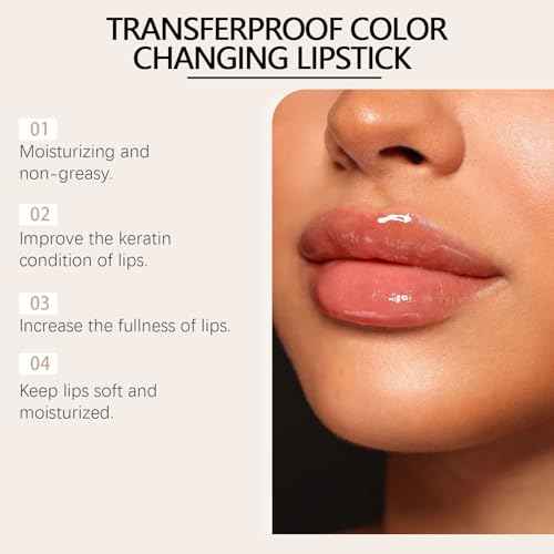 Transferproof Color Changing Lipstick,Gold Crystal Ph Lipstick Color Changing,Clear Lip stick That Changes Color,Long Lasting 24 Hours Moisturizing Glossy Shine Lip Gloss for Women (1pcs)