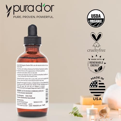 PURA D'OR 4 Oz Organic Castor Oil ? Pure Cold-Pressed, Hexane-Free, USDA Certified ? Lashes, Brows, Hair, Scalp, Skin ? Botanical Moisturizer Supporting Softness, Strength, Hydration, Shine & Radiance