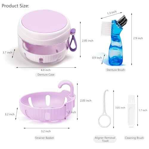 Denture Case with Strainer and Mirror, Leak Proof Denture Bath Cup for Travel, Purple Denture Container Cups for Soaking Full & Partial Dentures, Retainers with Denture Brush, Aligner Removal Tool