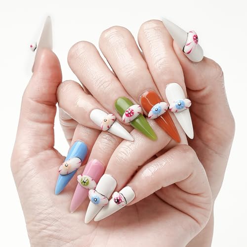 Colorful Hand-pained Devil eyes Handmade Press On Nails,Long Stiletto Glue On Nails,3D Relief Mesmerizing False Nails For Women And Girls,10Pcs/Set With Glue,(White-S),FOB