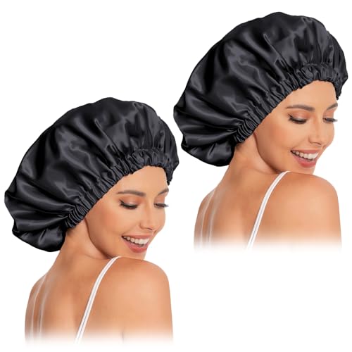 Satin Bonnet Sleep Cap for Curly Hair - 2 Pack Black