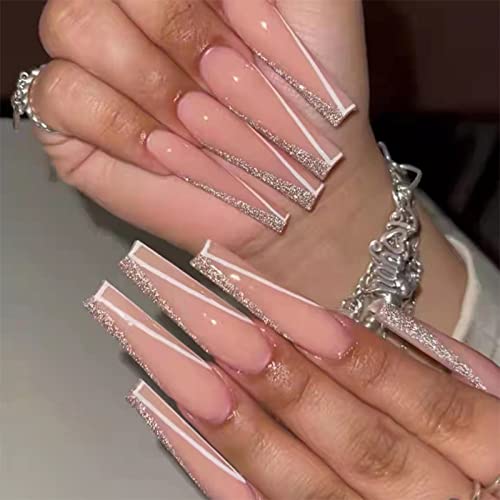 MISUD Long Press on Nails Coffin Fake Nails French Tip False Nails Glitter Glue on Nails Ballerina Acrylic Nails Pink Artificial Nails with Design for Women and Girls 24Pcs