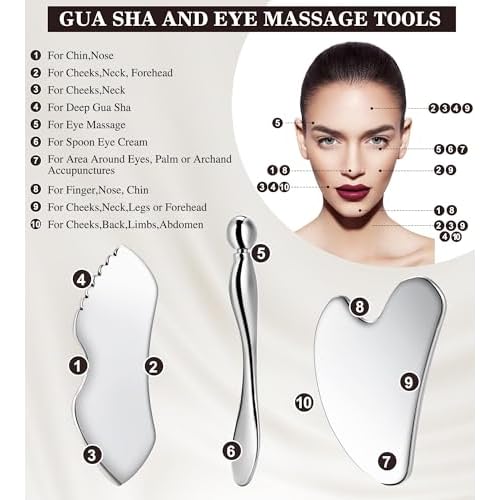Gua Sha Facial Tools, 3 in 1 Stainless Steel Metal Guasha & Eye Cream Applicator Facial Sculpting Tool Set Eye Massager Lymphatic Drainage for Face Neck (Plastic Box 3, Count, 3)