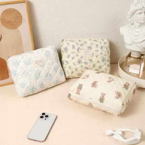 Quilted Cotton Makeup Bag 2Pcs Coquette Cosmetic Bag,Large Soft Floral Travel Toiletry Bag for Women and Girls (01Bear)