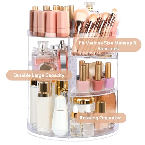 Boxalls Makeup Organizer Rotating Large Capacity, 360 Makeup Carousel with Brush Compartment, Clear Skincare Cosmetic Spinning Organizer with 7 Layers for Countertop Vanity Bathroom Bedroom