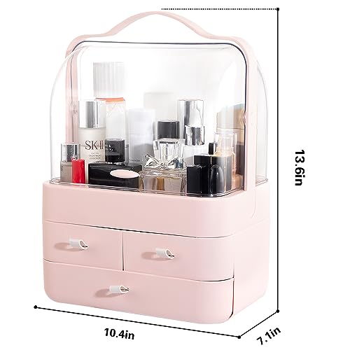 Nervure Pink Makeup Organizer - Cosmetic Storage Box with Lid - Makeup Organizer Storage Drawersr with Dust Free Cover and Portable Handle for Bathroom Countertop & Dresser & Gift