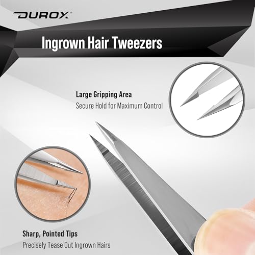 DUROX 3-Piece Tweezer Set ? 1.Pointed Ingrown Hair Tweezers, 2.Fine-Tip Splinter Tweezers, 3.Safety Round Tip for Facial & Chin Hair Removal. Made of stainless steel. Protective pouch for safe storage