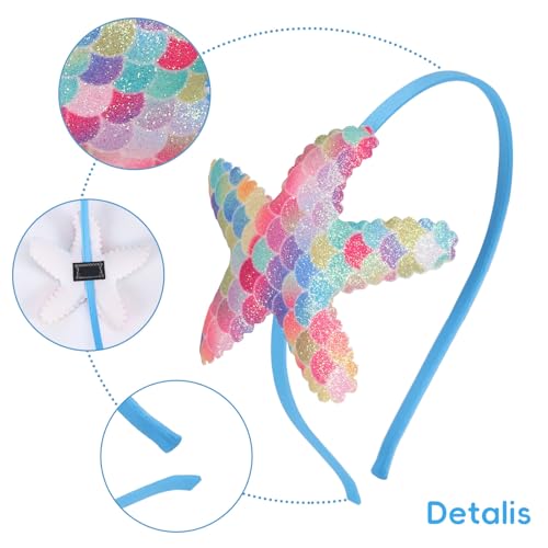 Starfish Headbands Blue Sea Star Hair Band Laser Glitter Rainbow Mermaid Scale Hair Hoop Non Slip Hair Accessories for Women Girls Head Wear Gifts