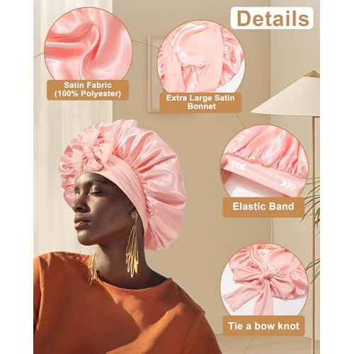 Extra Large Satin Bonnet for Sleeping Jumbo Silk Bonnet Double Layer Hair Bonnet for Women with Elastic Tie Band Sleep Bonnet Hair Wrap for Braids Curly Hair(Apricot Powder+Champagne)