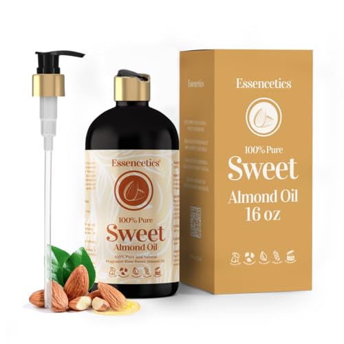 Essencetics Sweet Almond Oil Organic 16 oz - 100% Pure & Natural Sweet Almond Oil for Skin, Body, Face, and Hair - Natural Cold Pressed Unrefined - Organic Massage Oil for Massage Therapy & Date Night