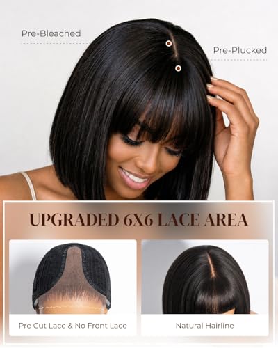 Arabella 10 Inch Natural Color 6x6 Glueless Human Hair Bob Wig with Bangs