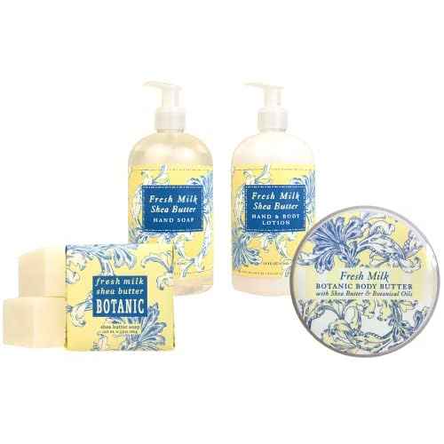 Greenwich Bay Fresh Milk Body Care Spa Quartet - Hand Soap, Lotion, Body Butter, and Soap Bar Square - Luxurious Shea Butter Skin Care in Captivating Botanical Scents