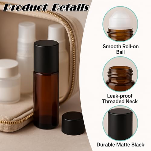 4-Pack 50ml Amber Glass Roller Bottles - Refillable & Leak-Proof