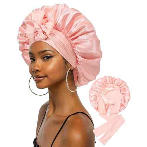 Extra Large Satin Bonnet for Sleeping Jumbo Silk Bonnet Double Layer Hair Bonnet for Women with Elastic Tie Band Sleep Bonnet Hair Wrap for Braids Curly Hair(Apricot Powder+Champagne)