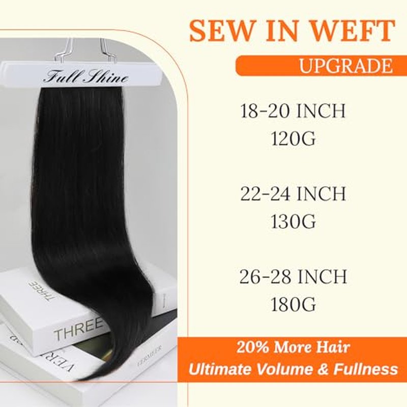 Full Shine 26 Inch Jet Black Remy Human Hair Weft Extensions