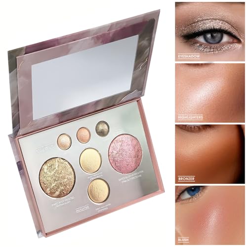 K'APEINE All in One Baked Makeup Palette, Dark Brown Eyeshadow, Blush Highlighter & Bronzer Face Kit Neutral Baked Powder Palette Hign Pigment Full Face Makeup Set Women (7colors)
