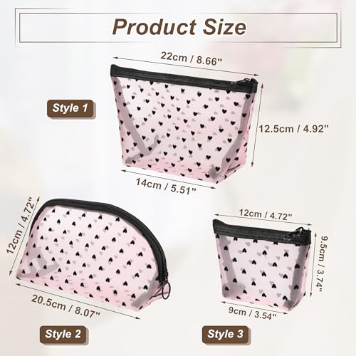 VOCOSTE 4pcs Heart Shape Print Mesh Makeup Bag, Makeup Bag Clear, Mesh Bags with Zipper, Clear Makeup Pouch Mesh Bags, Make Up Bags for Women, Pink