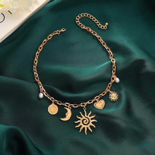 Vintage Sun & Moon Gold Choker Necklace for Women