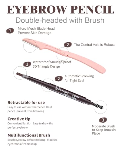 6 Pack Medium Brown Eyebrow Pencil - Waterproof Dual-Ended with Spoolie