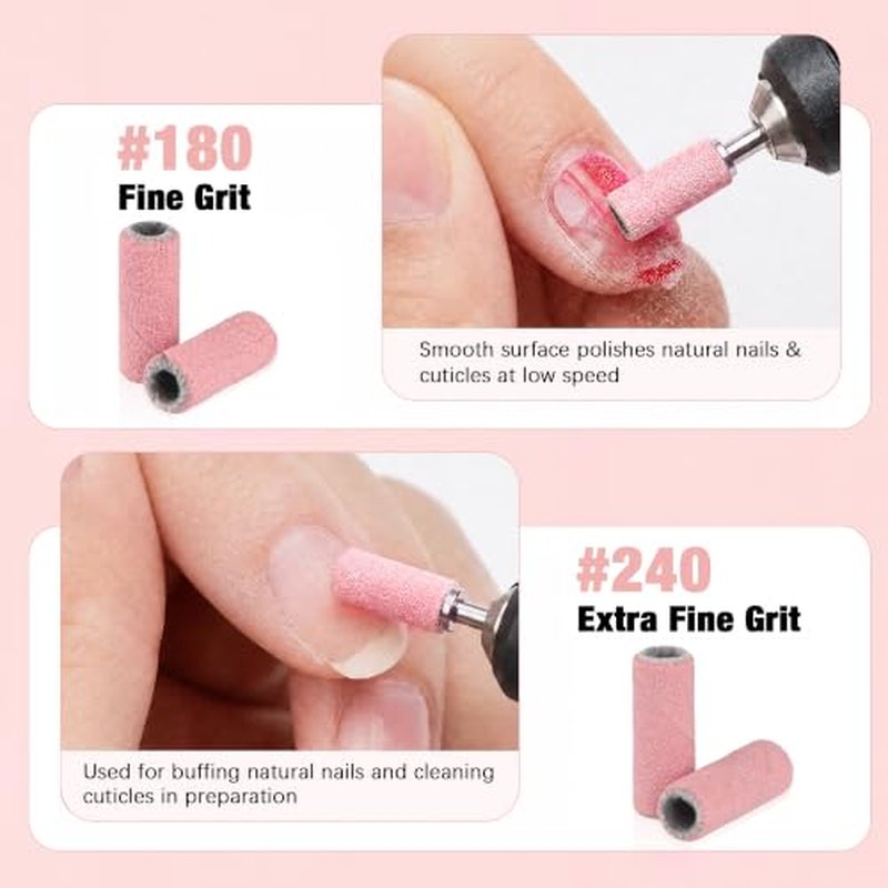 200 Pcs Pink Nail Drill Bits Sanding Bands 240 Grit & Mandrel