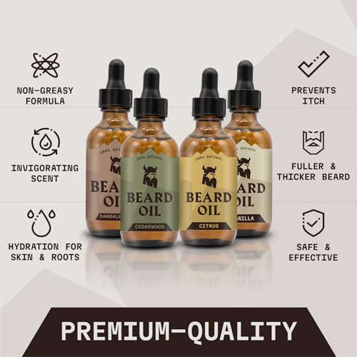 Beard Folding Wooden Comb and 4 Pack Beard Oil for Men - By Striking Vikings