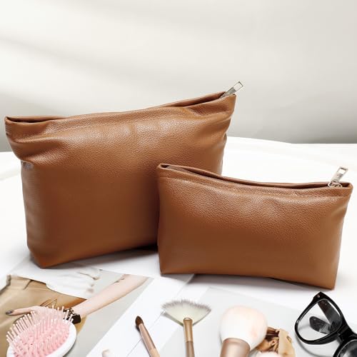 Kigeli 2 Pcs Small Makeup Bag Set for Purse PU Leather Cosmetic Bag Makeup Travel Toiletry Pouch Aesthetic Preppy Organizer Storage Pouch for Valentine Women Gift(Brown)