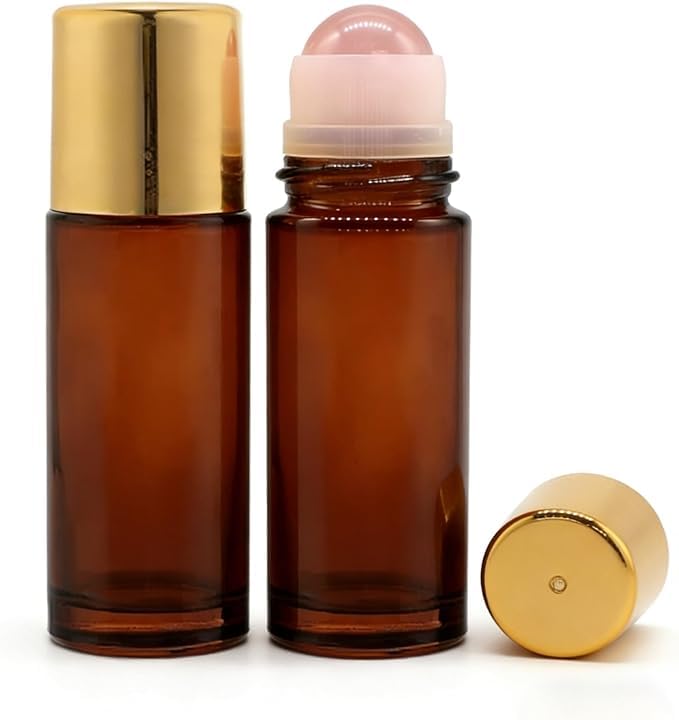 Rose Quartz Roller Bottles for Essential Oils - 50ml Amber Glass (2-Pack)