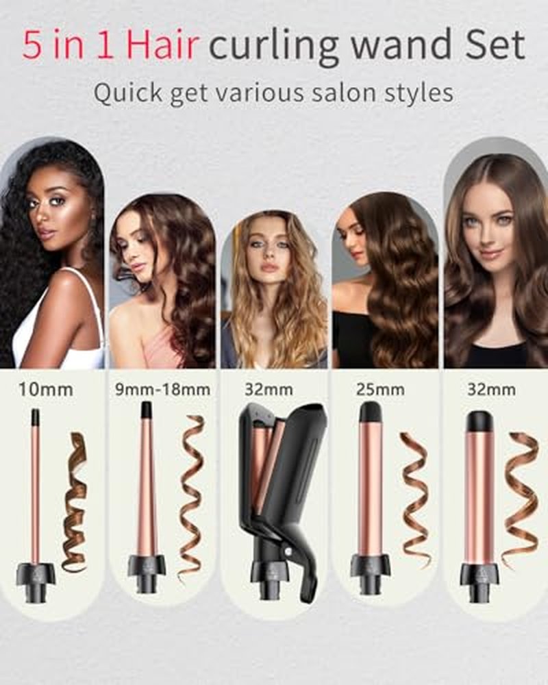 5-in-1 Curling Iron Wand Set with 4 Ceramic Barrels & Crimper