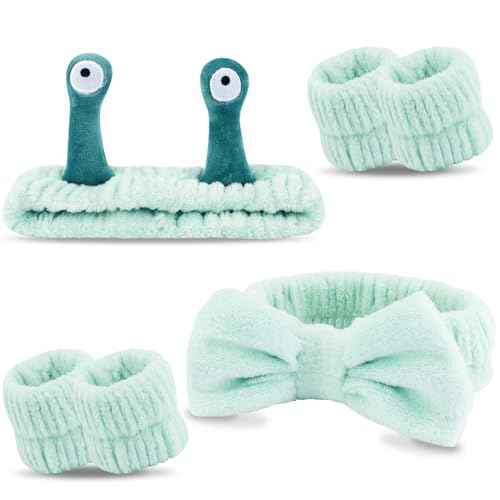 Spa Headband and Wristband Set Skincare Makeup Headband Bowknot Snail Headbands Wrist Bands for Washing Face Cute Animal Face Wash Head Band for Women Girls (Green)