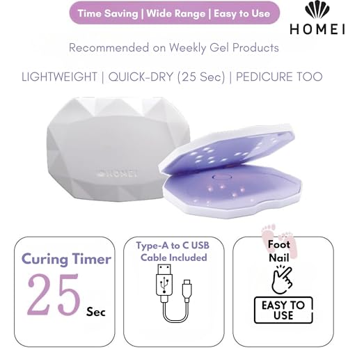 HoMei LED Nail Lamp with UV Reduction, Portable Nail Gel Light for Nail Polish (Rechargable), Compact Design, 25 Sec Japanese Geil Nail Drying Technology to Cure