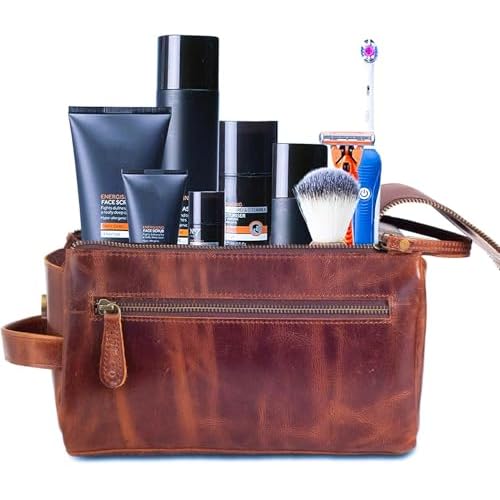 Premium Leather Toiletry Bag Travel Kit Unisex,Travel Mens Toiletry Bag,Mens Leather Shaving Bag, Handcrafted Vintage Shaving - Kit (Combo of 4 Items)